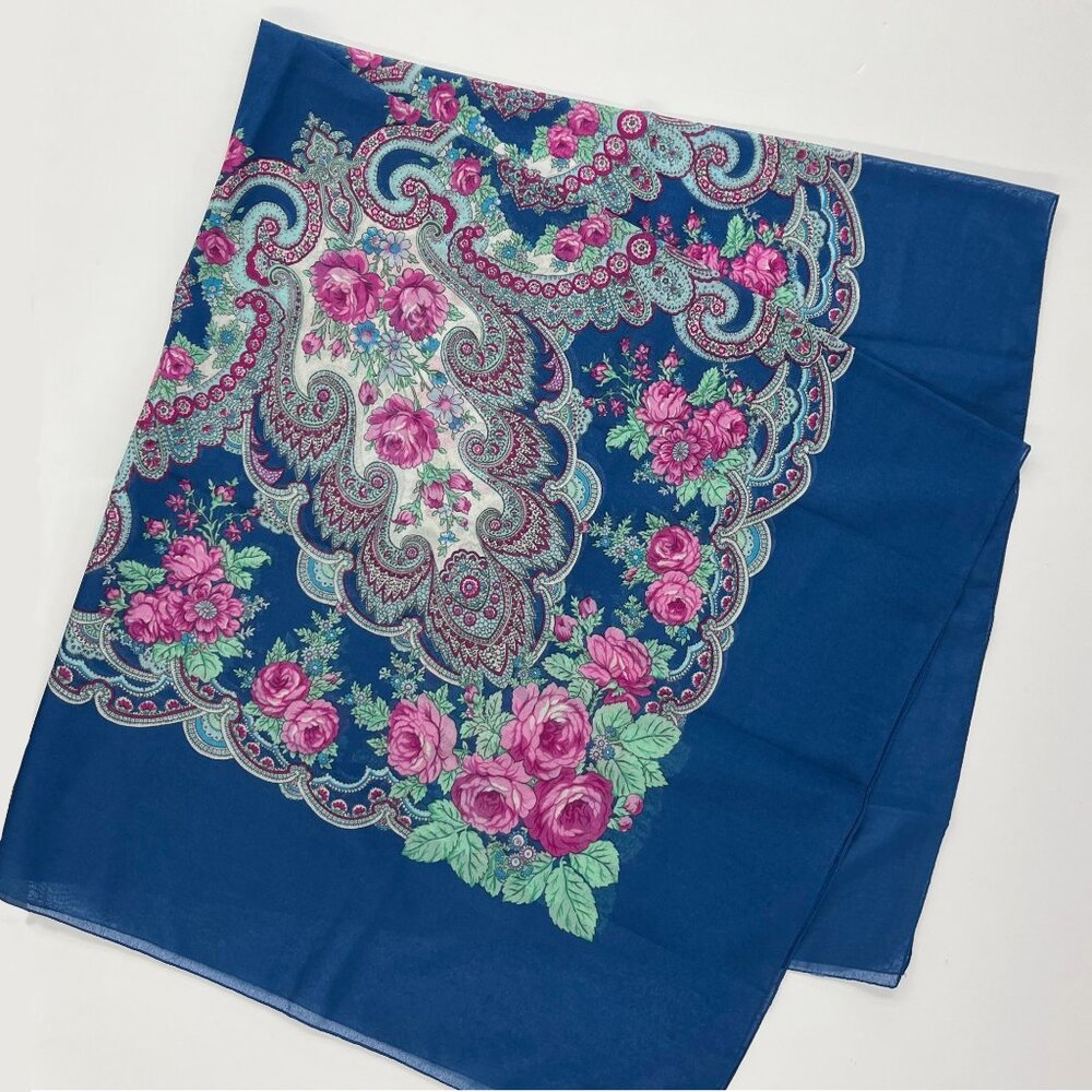 Vintage Italian Scarf | Blue Roses and Paisley Shawl | Made in Italy